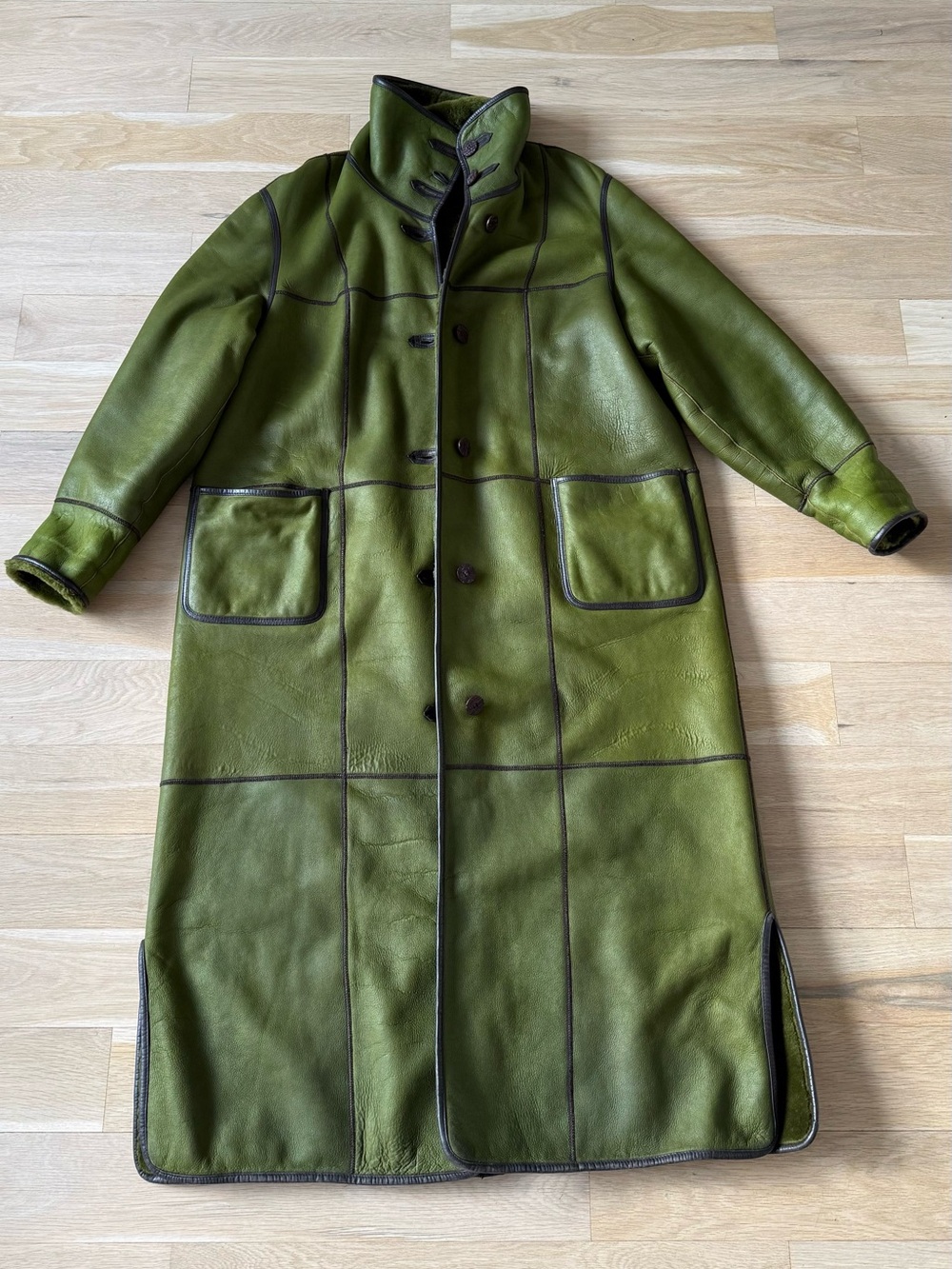 Olive Green Long leather and Shearling Coat